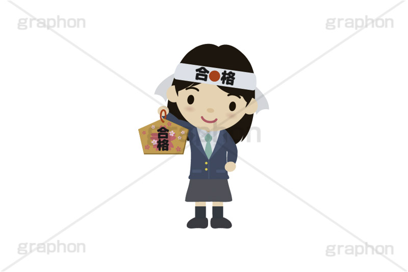 合格祈願,合格,受験,試験,絵馬,祈願,参拝,奉納,願掛け,願い,叶う,桜咲く,桜の花,神社,寺院,冬,行事,イラスト,キャラクター,人物,学生,制服,生徒,中学生,高校生,学校,ポップ,可愛い,かわいい,カワイイ,挿絵,挿し絵,illustration,POP,winter,message,japan