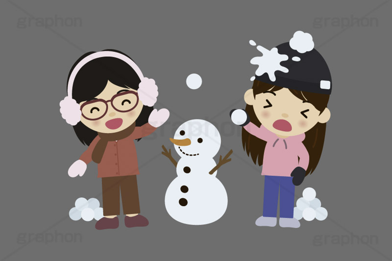 雪合戦,雪,冬,雪玉,寒い,遊び,雪ダルマ,雪だるま,冬服,防寒,手袋,耳当て,耳あて,ニット帽,マフラー,行事,女性,女子,人物,キャラクター,イラスト,かわいい,カワイイ,可愛い,挿絵,挿し絵,character,japan,snow,snowman,winter,illustration