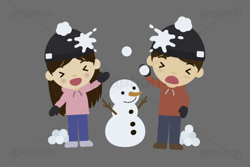 雪合戦,雪,冬,雪玉,寒い,遊び,雪ダルマ,雪だるま,冬服,防寒,手袋,ニット帽,マフラー,行事,男性,女性,若者,男女,カップル,人物,キャラクター,イラスト,かわいい,カワイイ,可愛い,挿絵,挿し絵,character,japan,snow,snowman,winter,illustration