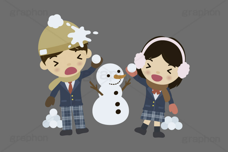 雪合戦,雪,冬,雪玉,寒い,遊び,雪ダルマ,雪だるま,冬服,防寒,手袋,ニット帽,耳当て,耳あて,マフラー,行事,中学生,高校生,学生,制服,ブレザー,男子,女子,人物,キャラクター,イラスト,かわいい,カワイイ,可愛い,挿絵,挿し絵,character,japan,snow,snowman,winter,illustration
