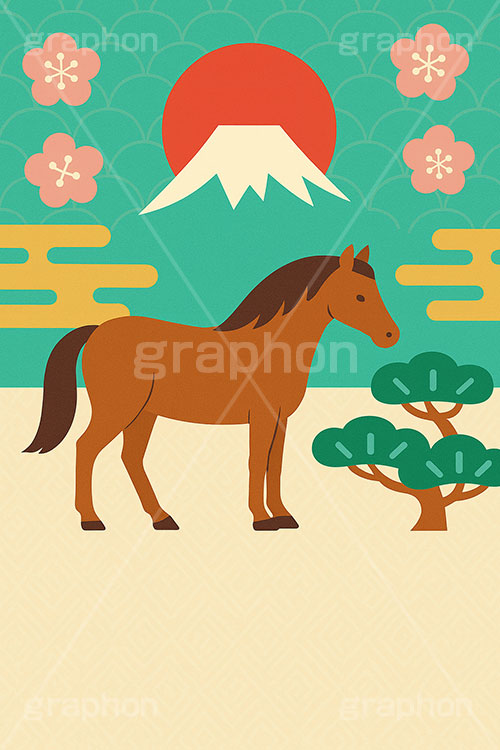 午年シンプルイラスト,和柄,梅,松,雲柄,富士山,初日の出,日の出,馬イラスト,午,馬,うま,ウマ,午年,干支,正月,お正月,年賀状,2026午年,午年年賀状,新年,ニューイヤー,アニバーサリー,イラスト,illustration,japan,horse
