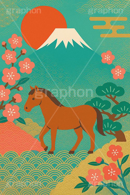 午年シンプルイラスト,和柄,梅,松,雲柄,富士山,初日の出,日の出,馬イラスト,午,馬,うま,ウマ,午年,干支,正月,お正月,年賀状,2026午年,午年年賀状,新年,ニューイヤー,アニバーサリー,イラスト,illustration,japan,horse
