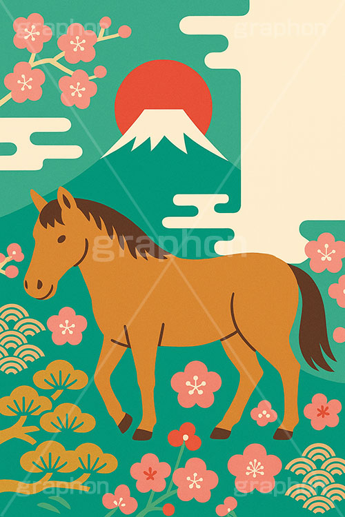午年シンプルイラスト,和柄,梅,松,雲柄,富士山,初日の出,日の出,馬イラスト,午,馬,うま,ウマ,午年,干支,正月,お正月,年賀状,2026午年,午年年賀状,新年,ニューイヤー,アニバーサリー,イラスト,illustration,japan,horse