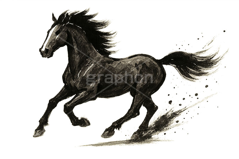 水墨画テイスト馬イラスト,馬イラスト,午,馬,うま,ウマ,ジャンプ,躍動感,跳ね,しぶき,水墨画,午年,干支,正月,お正月,年賀状,2026午年,午年年賀状,新年,ニューイヤー,アニバーサリー,イラスト,illustration,japan,horse