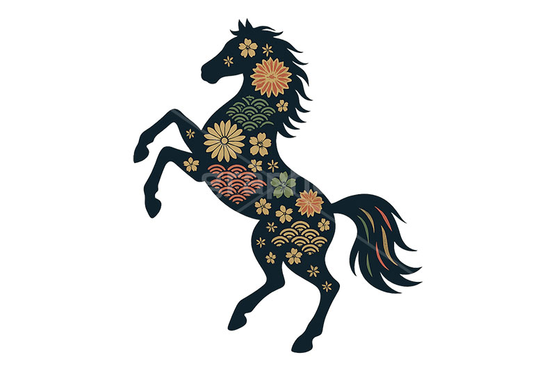 花柄シルエット馬イラスト,馬模様イラスト,午年シンプルイラスト,馬イラスト,花柄,桜,和柄,波柄,ジャンプ,躍動感,午,馬,うま,ウマ,午年,干支,正月,お正月,年賀状,2026午年,午年年賀状,新年,ニューイヤー,アニバーサリー,イラスト,illustration,japan,horse