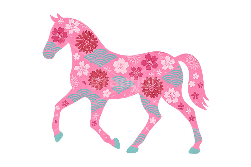 花柄シルエット馬イラスト,馬模様イラスト,午年シンプルイラスト,馬イラスト,花柄,桜,和柄,波柄,午,馬,うま,ウマ,午年,干支,正月,お正月,年賀状,2026午年,午年年賀状,新年,ニューイヤー,アニバーサリー,イラスト,illustration,japan,horse