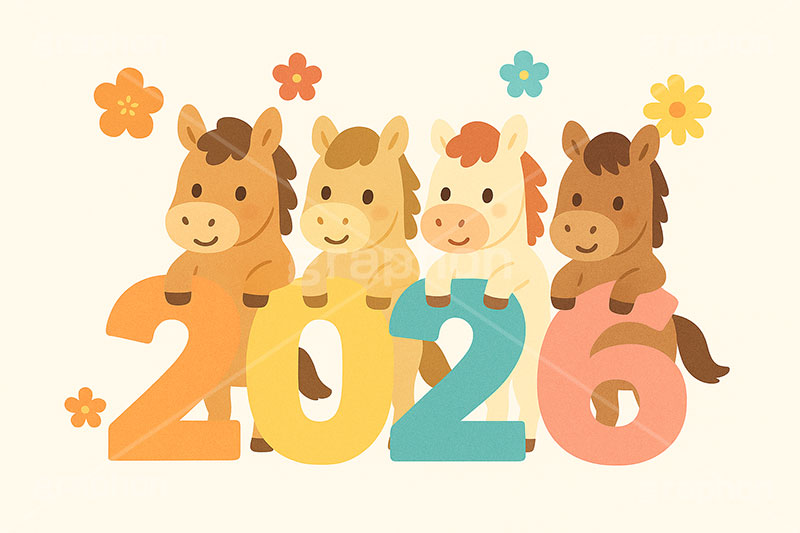 ファミリー馬イラスト,馬イラスト,ファミリー,家族,キャラクター,午,馬,うま,ウマ,かわいい,可愛い,カワイイ,2026,花柄,午年,干支,正月,お正月,年賀状,2026午年,午年年賀状,新年,ニューイヤー,アニバーサリー,イラスト,illustration,japan,horse,character,cute