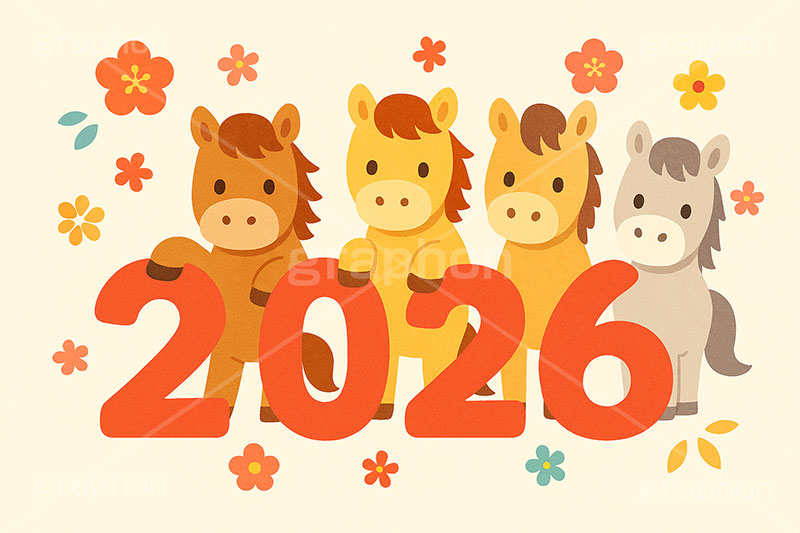 ファミリー馬イラスト,馬イラスト,ファミリー,家族,キャラクター,午,馬,うま,ウマ,かわいい,可愛い,カワイイ,2026,花柄,午年,干支,正月,お正月,年賀状,2026午年,午年年賀状,新年,ニューイヤー,アニバーサリー,イラスト,illustration,japan,horse,character,cute