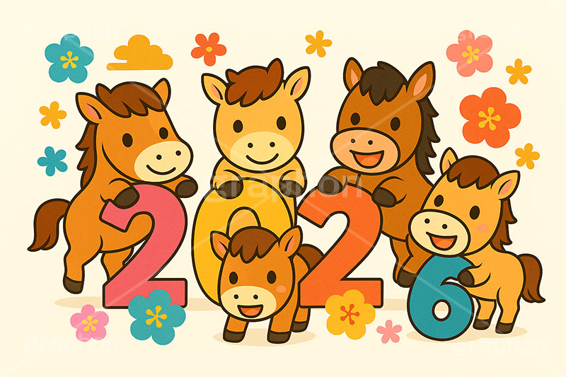 ファミリー馬イラスト,馬イラスト,ファミリー,家族,キャラクター,午,馬,うま,ウマ,かわいい,可愛い,カワイイ,2026,花柄,午年,干支,正月,お正月,年賀状,2026午年,午年年賀状,新年,ニューイヤー,アニバーサリー,イラスト,illustration,japan,horse,character,cute
