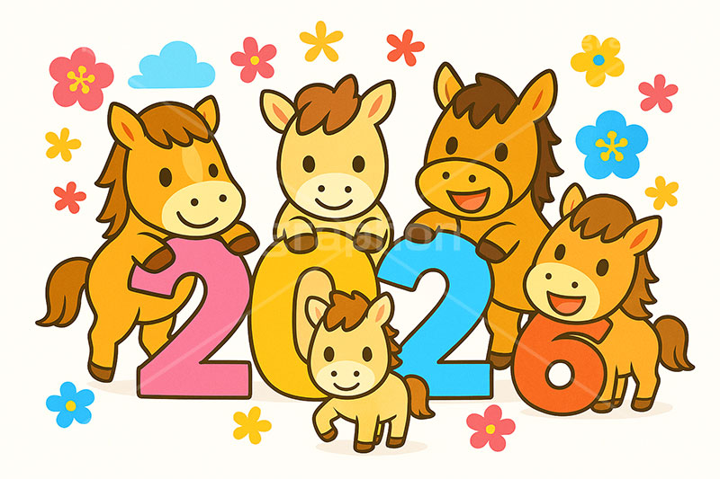 ファミリー馬イラスト,馬イラスト,ファミリー,家族,キャラクター,午,馬,うま,ウマ,かわいい,可愛い,カワイイ,2026,花柄,午年,干支,正月,お正月,年賀状,2026午年,午年年賀状,新年,ニューイヤー,アニバーサリー,イラスト,illustration,japan,horse,character,cute