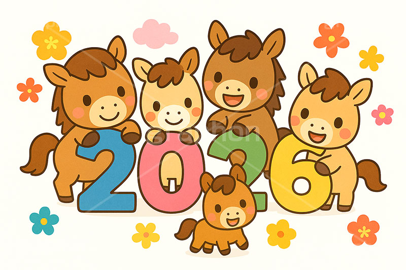 ファミリー馬イラスト,馬イラスト,ファミリー,家族,キャラクター,午,馬,うま,ウマ,かわいい,可愛い,カワイイ,2026,花柄,午年,干支,正月,お正月,年賀状,2026午年,午年年賀状,新年,ニューイヤー,アニバーサリー,イラスト,illustration,japan,horse,character,cute