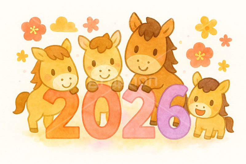 ファミリー馬イラスト,馬イラスト,ファミリー,家族,キャラクター,午,馬,うま,ウマ,かわいい,可愛い,カワイイ,2026,花柄,午年,干支,正月,お正月,年賀状,2026午年,午年年賀状,新年,ニューイヤー,アニバーサリー,イラスト,illustration,japan,horse,character,cute