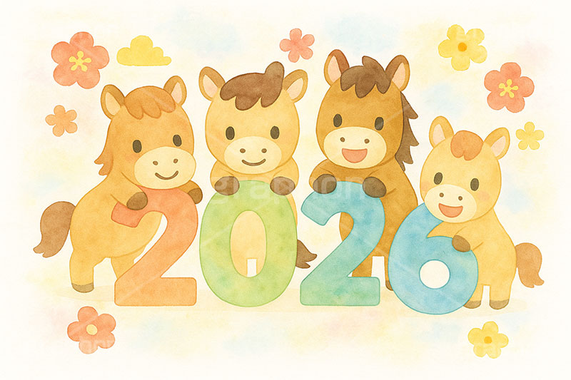 ファミリー馬イラスト,馬イラスト,ファミリー,家族,キャラクター,午,馬,うま,ウマ,かわいい,可愛い,カワイイ,2026,花柄,午年,干支,正月,お正月,年賀状,2026午年,午年年賀状,新年,ニューイヤー,アニバーサリー,イラスト,illustration,japan,horse,character,cute