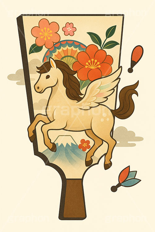 レトロ馬イラストレトロ,劇画,羽子板,羽根つき,羽根突き,富士山,梅,馬イラスト,午,馬,うま,ウマ,ペガサス,伝説,午年,干支,正月,お正月,年賀状,2026午年,午年年賀状,新年,ニューイヤー,アニバーサリー,イラスト,illustration,japan,horse