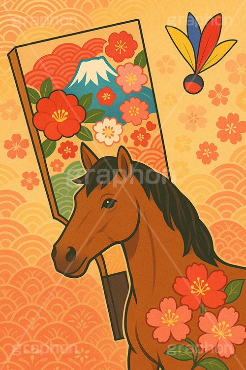 レトロ馬イラストレトロ,劇画,羽子板,羽根つき,羽根突き,富士山,梅,馬イラスト,午,馬,うま,ウマ,午年,干支,正月,お正月,年賀状,2026午年,午年年賀状,新年,ニューイヤー,アニバーサリー,イラスト,illustration,japan,horse