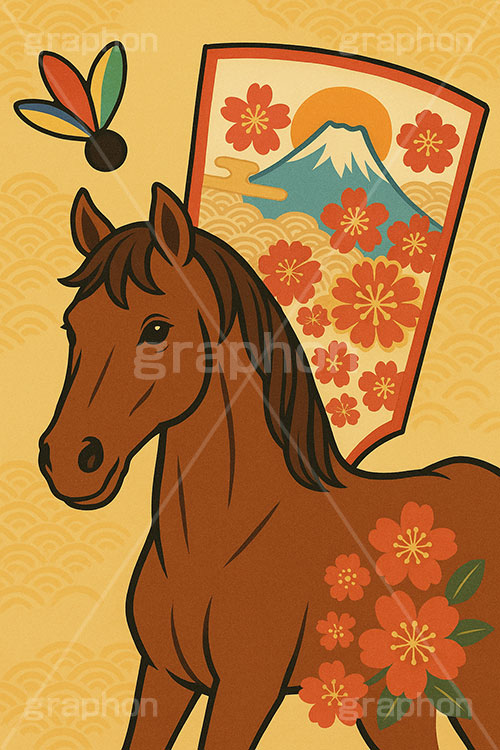 レトロ馬イラストレトロ,劇画,羽子板,羽根つき,羽根突き,富士山,梅,馬イラスト,午,馬,うま,ウマ,午年,干支,正月,お正月,年賀状,2026午年,午年年賀状,新年,ニューイヤー,アニバーサリー,イラスト,illustration,japan,horse