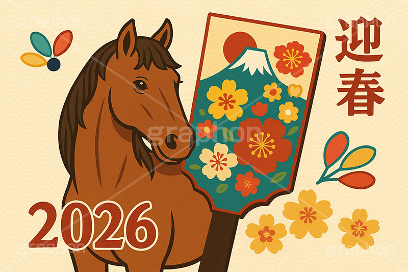 レトロ馬イラストレトロ,劇画,羽子板,羽根つき,羽根突き,富士山,梅,迎春,2026,馬イラスト,午,馬,うま,ウマ,午年,干支,正月,お正月,年賀状,2026午年,午年年賀状,新年,ニューイヤー,アニバーサリー,イラスト,illustration,japan,horse