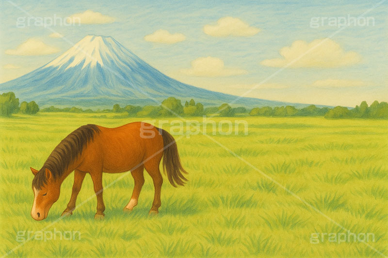 富士山と馬,富士山,草原,エモい,水彩画,水彩,色鉛筆,馬イラスト,午,馬,うま,ウマ,午年,干支,正月,お正月,年賀状,2026午年,午年年賀状,新年,ニューイヤー,アニバーサリー,イラスト,illustration,japan,horse