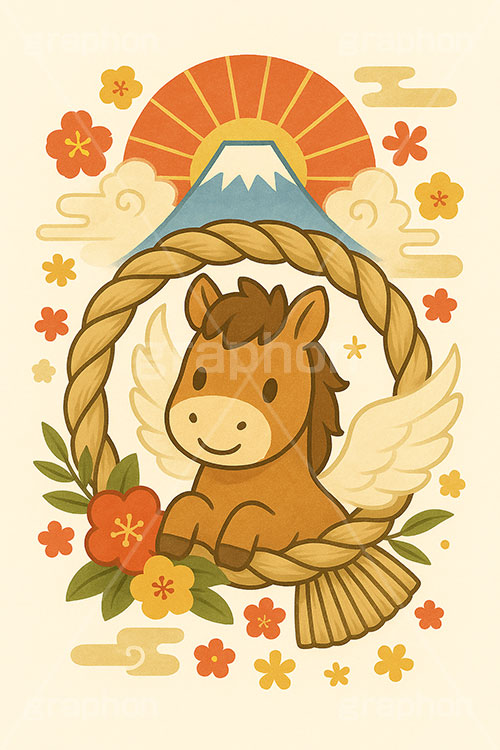 かわいい馬イラスト,馬イラスト,午,馬,うま,ウマ,かわいい,カワイイ,可愛い,キャラクター,富士山,初日の出,日の出,梅,しめ縄,お正月飾り,午年,干支,正月,お正月,年賀状,2026午年,午年年賀状,新年,ニューイヤー,アニバーサリー,イラスト,illustration,japan,horse,cute,character