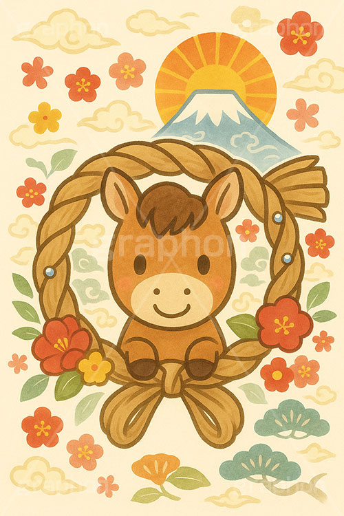 かわいい馬イラスト,馬イラスト,午,馬,うま,ウマ,かわいい,カワイイ,可愛い,キャラクター,富士山,初日の出,日の出,梅,しめ縄,お正月飾り,午年,干支,正月,お正月,年賀状,2026午年,午年年賀状,新年,ニューイヤー,アニバーサリー,イラスト,illustration,japan,horse,cute,character