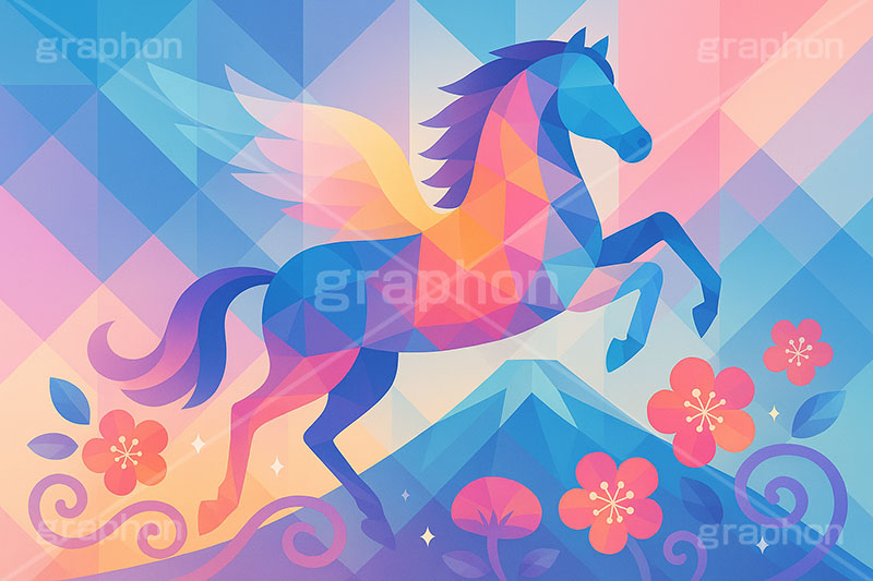 幾何学模様の馬イラスト,幾何学模様,アート,富士山,梅,馬イラスト,午,馬,うま,ウマ,ペガサス,伝説,午年,干支,正月,お正月,年賀状,2026午年,午年年賀状,新年,ニューイヤー,アニバーサリー,イラスト,illustration,japan,horse,art