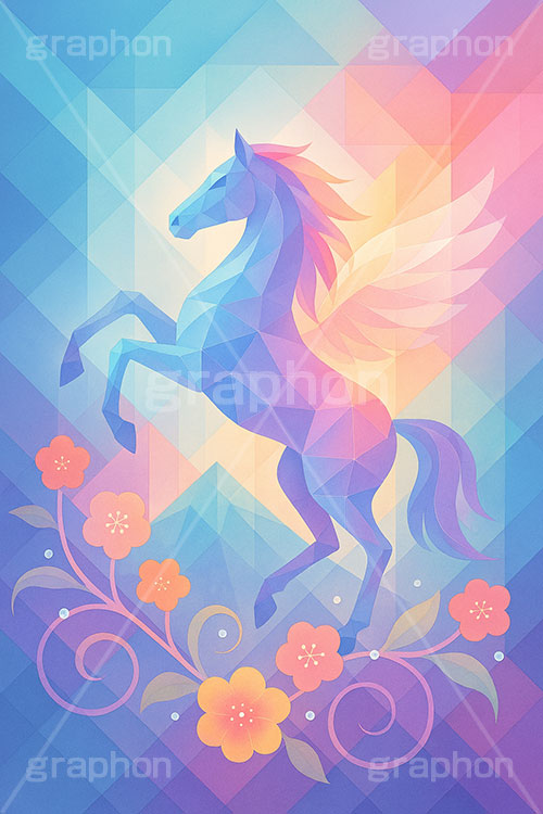 幾何学模様の馬イラスト,幾何学模様,アート,富士山,梅,馬イラスト,午,馬,うま,ウマ,ペガサス,伝説,午年,干支,正月,お正月,年賀状,2026午年,午年年賀状,新年,ニューイヤー,アニバーサリー,イラスト,illustration,japan,horse,art