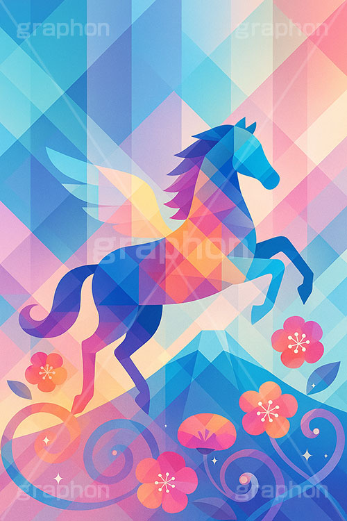 幾何学模様の馬イラスト,幾何学模様,アート,富士山,梅,馬イラスト,午,馬,うま,ウマ,ペガサス,伝説,午年,干支,正月,お正月,年賀状,2026午年,午年年賀状,新年,ニューイヤー,アニバーサリー,イラスト,illustration,japan,horse,art