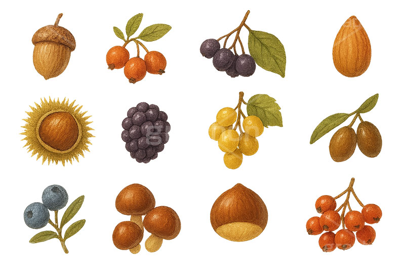 秋の味覚セット,くり,栗,クリ,茸,キノコ,木の実,きのこ,どんぐり,ドングリ,秋の素材セット,秋,イラスト,セットイラスト,セット,手描き風,illustration,autumn