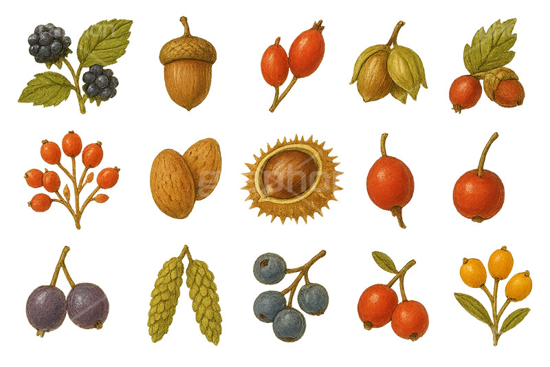 秋の味覚セット,くり,栗,クリ,茸,キノコ,木の実,きのこ,どんぐり,ドングリ,秋の素材セット,秋,イラスト,セットイラスト,セット,手描き風,illustration,autumn