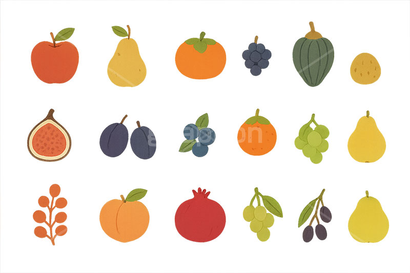 秋のフルーツ・セット,秋の味覚,フルーツ,カキ,柿,なし,ナシ,梨,洋梨,洋ナシ,ぶどう,ブドウ,葡萄,りんご,リンゴ,マスカット,秋の素材セット,秋,イラスト,セットイラスト,セット,手描き風,illustration,autumn,fruit