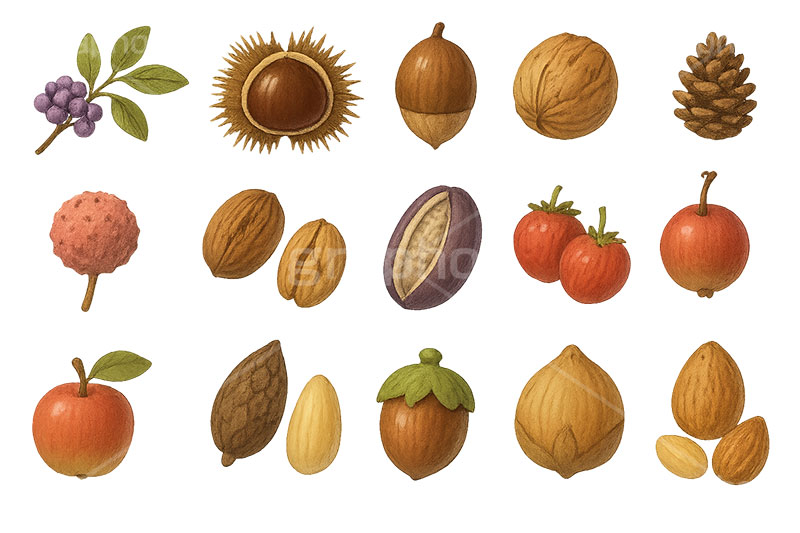 木の実セット,くり,クリ,栗,どんぐり,ドングリ,団栗,木の実,クルミ,くるみ,ナッツ,秋の素材セット,秋,イラスト,セットイラスト,セット,手描き風,illustration,autumn