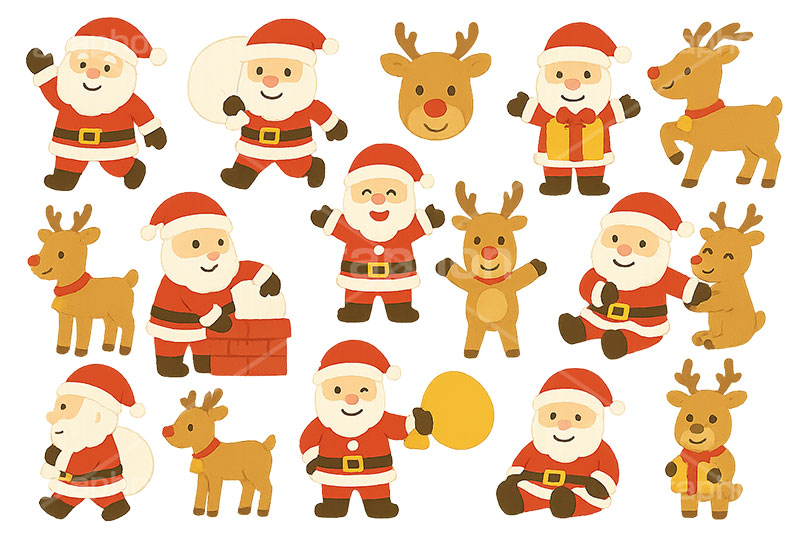 サンタクロースのイラスト,サンタ,サンタクロース,トナカイ,馴鹿,となかい,煙突,プレゼント,クリスマス,イベント,冬,アイコン,マーク,表情,ポーズ,かわいい,可愛い,カワイイ,キャラクター,セット,セットイラスト,character,icon,mark,christmas,winter,event,santa,set,rudolf,reindeer,present