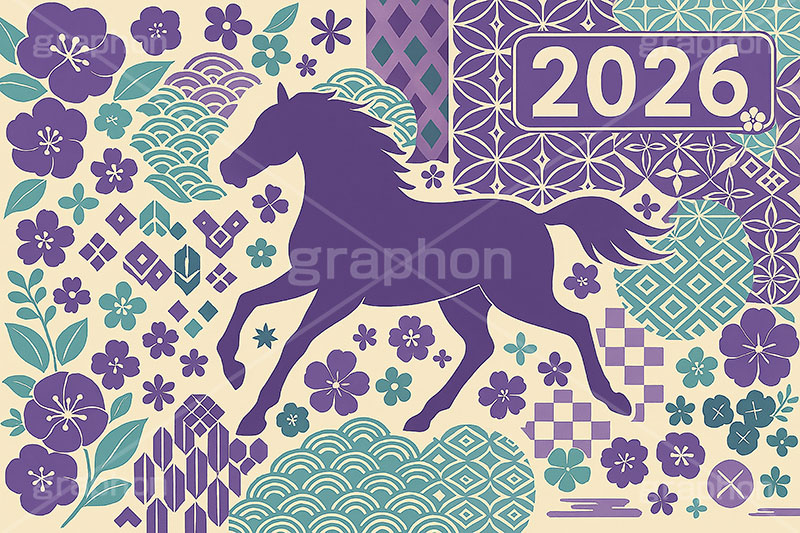 午年シンプルイラスト,和柄,花柄,馬イラスト,午,馬,うま,ウマ,午年,干支,正月,お正月,年賀状,2026午年,2026,午年年賀状,新年,シルエット,ニューイヤー,アニバーサリー,イラスト,illustration,japan,horse,silhouette