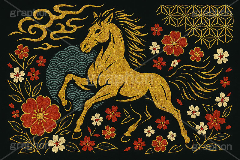 午年スカジャン風イラスト,スカジャン,刺繍,派手,和柄,花柄,馬イラスト,午,馬,うま,ウマ,午年,干支,正月,お正月,年賀状,2026午年,午年年賀状,新年,かっこいい,クール,シルエット,ニューイヤー,アニバーサリー,イラスト,illustration,japan,horse,silhouette,cool