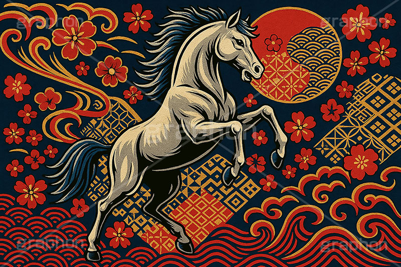 午年スカジャン風イラスト,スカジャン,刺繍,派手,和柄,花柄,馬イラスト,午,馬,うま,ウマ,午年,干支,正月,お正月,年賀状,2026午年,午年年賀状,新年,かっこいい,クール,シルエット,ニューイヤー,アニバーサリー,イラスト,illustration,japan,horse,silhouette,cool