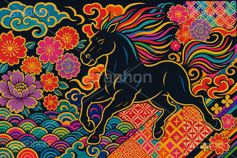 午年スカジャン風イラスト,スカジャン,刺繍,派手,和柄,花柄,馬イラスト,午,馬,うま,ウマ,午年,干支,正月,お正月,年賀状,2026午年,午年年賀状,新年,かっこいい,クール,シルエット,ニューイヤー,アニバーサリー,イラスト,illustration,japan,horse,silhouette,cool