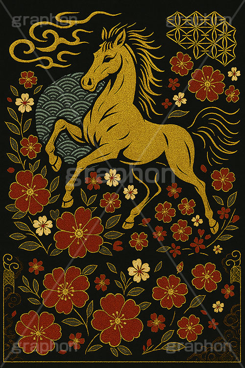 午年スカジャン風イラスト,スカジャン,刺繍,派手,和柄,花柄,馬イラスト,午,馬,うま,ウマ,午年,干支,正月,お正月,年賀状,2026午年,午年年賀状,新年,かっこいい,クール,シルエット,ニューイヤー,アニバーサリー,イラスト,illustration,japan,horse,silhouette,cool
