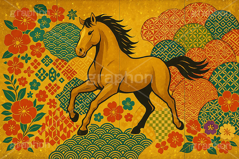 午年－金屛風イラスト,金屛風,屛風,派手,和柄,花柄,馬イラスト,午,馬,うま,ウマ,午年,干支,正月,お正月,年賀状,2026午年,午年年賀状,新年,かっこいい,クール,シルエット,ニューイヤー,アニバーサリー,イラスト,illustration,japan,horse,silhouette,cool