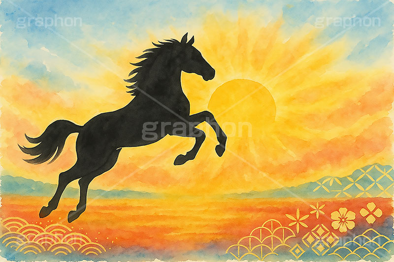 午年シンプル水彩イラスト,午年シンプルイラスト,シルエット,水彩,和柄,馬イラスト,午,馬,うま,ウマ,午年,干支,正月,お正月,年賀状,2026午年,午年年賀状,新年,ニューイヤー,アニバーサリー,イラスト,illustration,japan,horse,silhouette