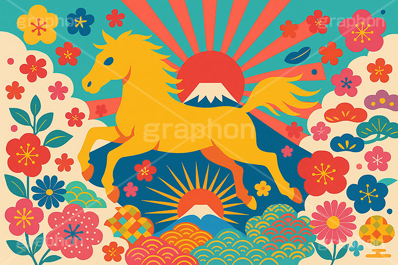 午年カラフルイラスト,午年シンプルイラスト,シルエット,カラフル,和柄,松,梅,馬イラスト,午,馬,うま,ウマ,午年,干支,正月,お正月,年賀状,日の出,初日の出,富士山,2026午年,午年年賀状,新年,ニューイヤー,アニバーサリー,イラスト,派手,illustration,japan,horse,silhouette,colorful