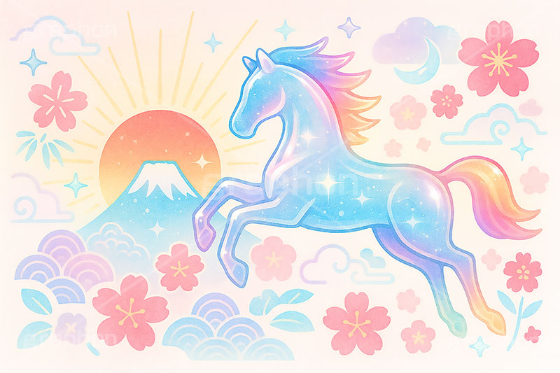 ガラスの馬,ガラス,ガラス細工,馬イラスト,午,馬,うま,ウマ,午年,干支,正月,お正月,年賀状,日の出,初日の出,富士山,梅,2026午年,午年年賀状,新年,ニューイヤー,アニバーサリー,イラスト,派手,パステル,水彩,illustration,japan,horse,glass,pastel