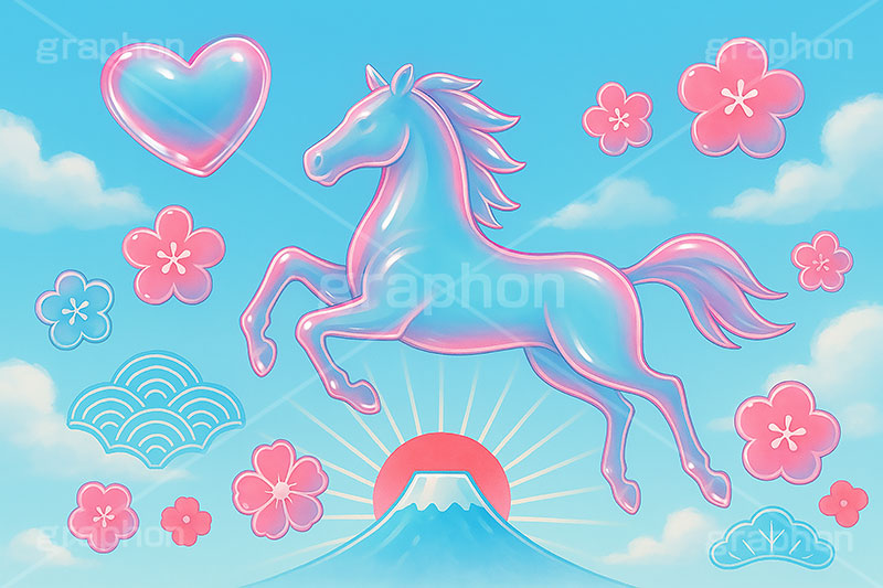 ガラスの馬,ガラス,ガラス細工,馬イラスト,午,馬,うま,ウマ,午年,干支,正月,お正月,年賀状,日の出,初日の出,富士山,梅,青空,2026午年,午年年賀状,新年,爽やか,ニューイヤー,アニバーサリー,イラスト,派手,ハート,ラブ,illustration,japan,horse,glass,sky,heart
