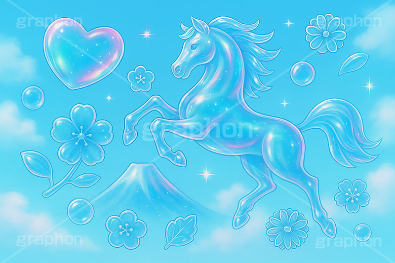 ガラスの馬,ガラス,ガラス細工,馬イラスト,午,馬,うま,ウマ,午年,干支,正月,お正月,年賀状,日の出,初日の出,富士山,梅,青空,2026午年,午年年賀状,新年,爽やか,ニューイヤー,アニバーサリー,イラスト,派手,ハート,ラブ,illustration,japan,horse,glass,sky,heart