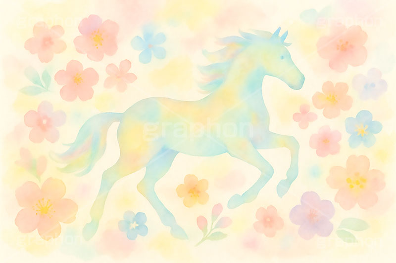 午年－水彩イラスト,パステル,カラフル,水彩,和柄,花柄,馬イラスト,午,馬,うま,ウマ,午年,干支,正月,お正月,年賀状,2026午年,午年年賀状,新年,ニューイヤー,アニバーサリー,イラスト,illustration,japan,horse,pastel