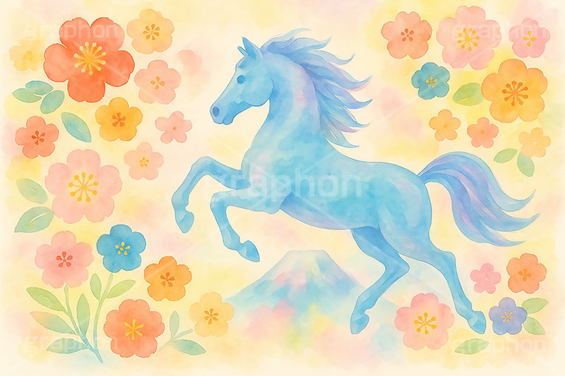 午年－水彩イラスト,パステル,カラフル,水彩,和柄,花柄,富士山,馬イラスト,午,馬,うま,ウマ,午年,干支,正月,お正月,年賀状,2026午年,午年年賀状,新年,ニューイヤー,アニバーサリー,イラスト,illustration,japan,horse,pastel