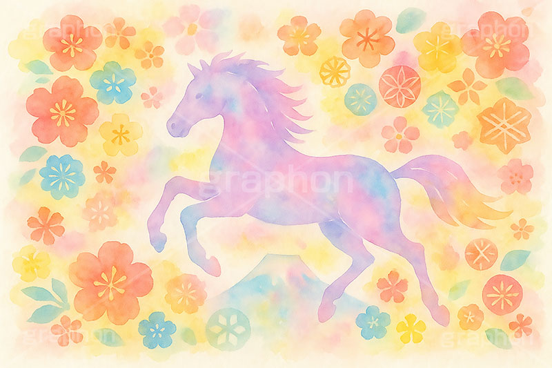 午年－水彩イラスト,パステル,カラフル,水彩,和柄,花柄,富士山,馬イラスト,午,馬,うま,ウマ,午年,干支,正月,お正月,年賀状,2026午年,午年年賀状,新年,ニューイヤー,アニバーサリー,イラスト,illustration,japan,horse,pastel