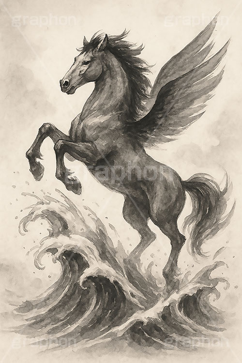 馬イラスト(デッサン風),デッサン,クロッキー,手描き,飛躍,ジャンプ,馬イラスト,ペガサス,波,午,馬,うま,ウマ,午年,干支,正月,お正月,年賀状,2026午年,2026,午年年賀状,新年,かっこいい,クール,ニューイヤー,アニバーサリー,イラスト,illustration,japan,horse,cool,jump