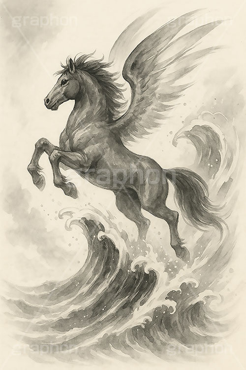 馬イラスト(デッサン風),デッサン,クロッキー,手描き,飛躍,ジャンプ,馬イラスト,ペガサス,波,午,馬,うま,ウマ,午年,干支,正月,お正月,年賀状,2026午年,2026,午年年賀状,新年,かっこいい,クール,ニューイヤー,アニバーサリー,イラスト,illustration,japan,horse,cool,jump