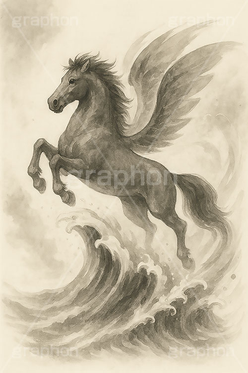 馬イラスト(デッサン風),デッサン,クロッキー,手描き,飛躍,ジャンプ,馬イラスト,ペガサス,波,午,馬,うま,ウマ,午年,干支,正月,お正月,年賀状,2026午年,2026,午年年賀状,新年,かっこいい,クール,ニューイヤー,アニバーサリー,イラスト,illustration,japan,horse,cool,jump