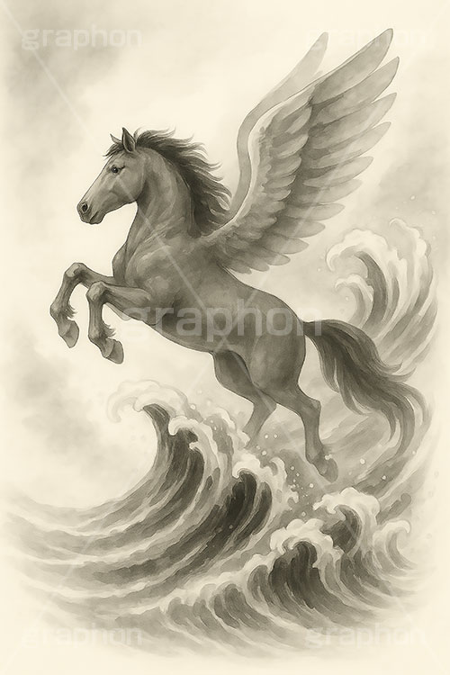 馬イラスト(デッサン風),デッサン,クロッキー,手描き,飛躍,ジャンプ,馬イラスト,ペガサス,波,午,馬,うま,ウマ,午年,干支,正月,お正月,年賀状,2026午年,2026,午年年賀状,新年,かっこいい,クール,ニューイヤー,アニバーサリー,イラスト,illustration,japan,horse,cool,jump